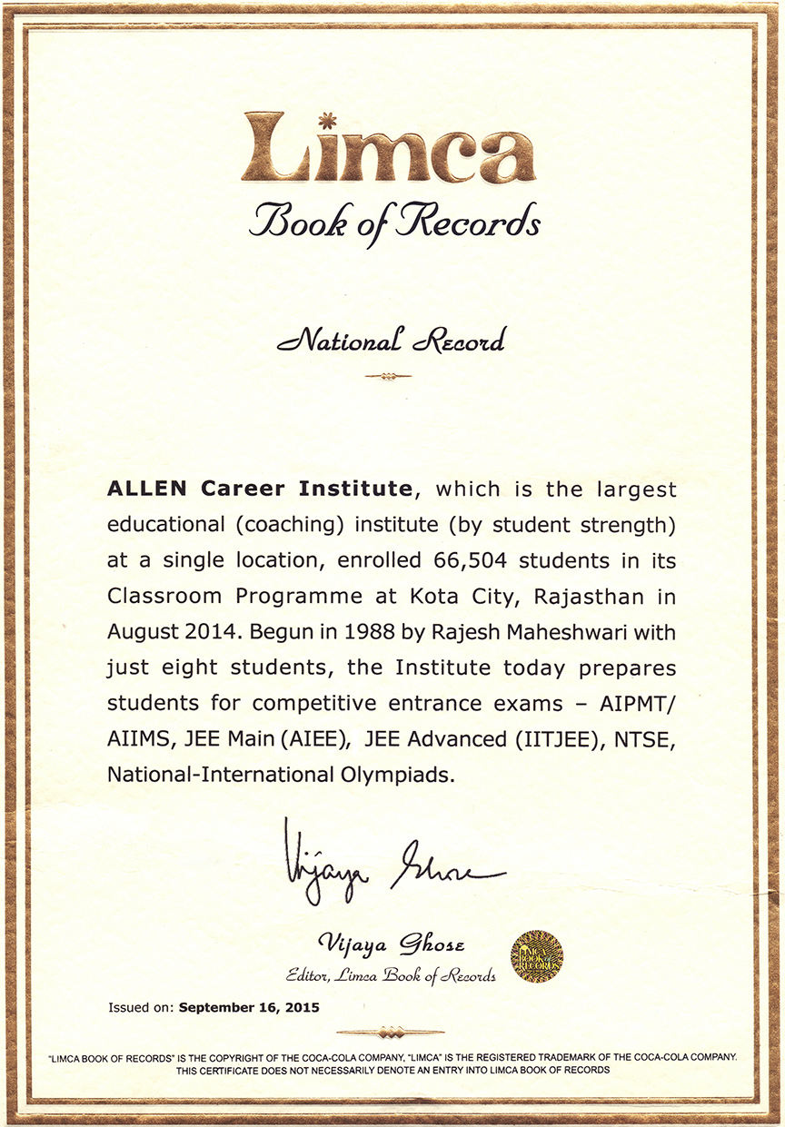 ALLEN Career Institute Largest Educational Institute in India by Limca Book of Records